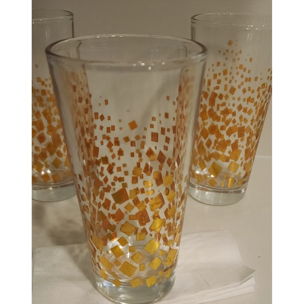 Vintage Mid-Century Mod Metallic Gold Confetti Highball Tumbler Glasses Set of 3